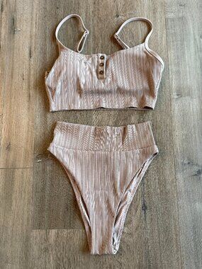 Aerie Swimsuit Beige/Tan High Cut Cheeky Bikini Bottom Scoop Top Size S